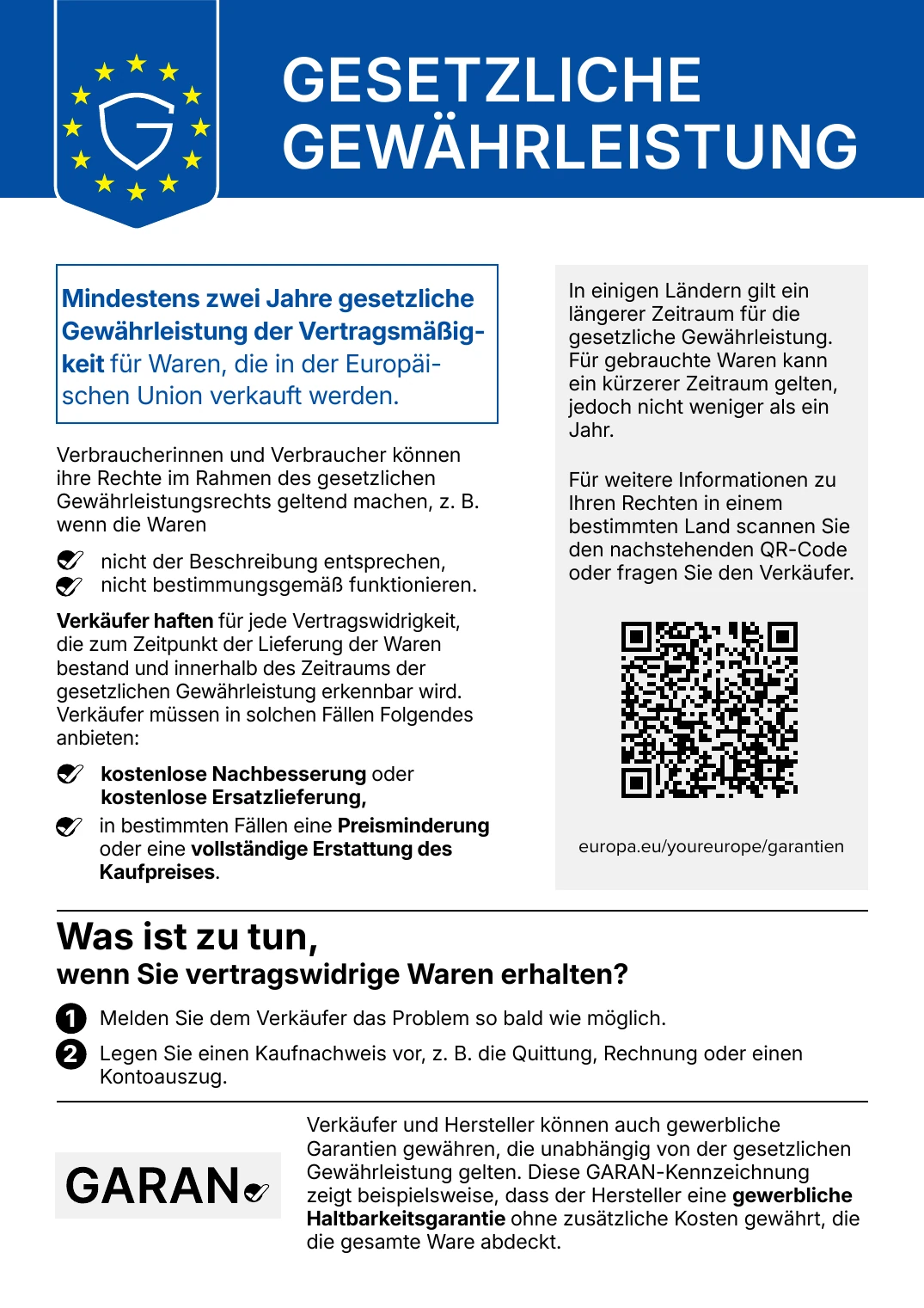 Harmonisierter EU-Hinweis zur gesetzlichen Gewährleistung (mindestens 2 Jahre)